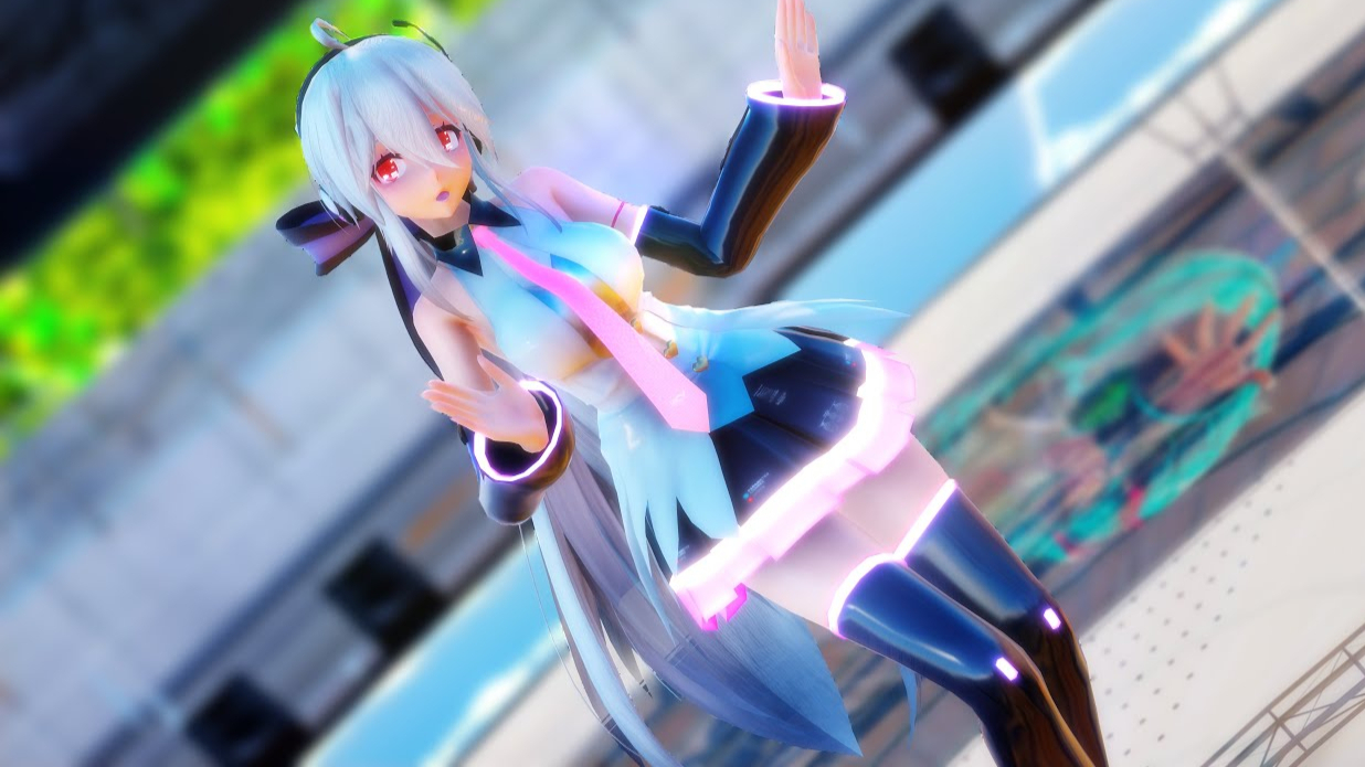 【MMD弱音】性感皮质黑丝 束胸小白衣 发光小蓝裙